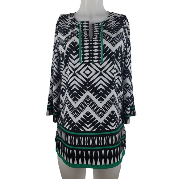 Chico's Black White Aztec with Green Strips Blouse 0/XS - Picture 1 of 7